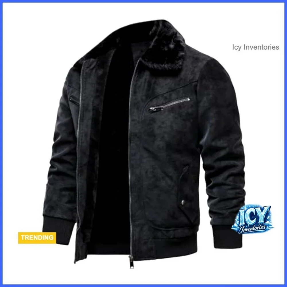 Faux PU Leather Bomber Jacket with Faux Fur Lining Fleece Lined